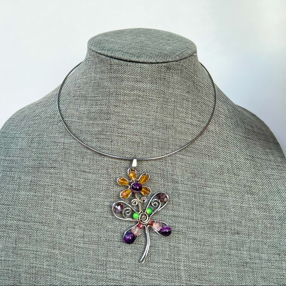 Handcrafted Wire Choker Necklace and Flower Pendant